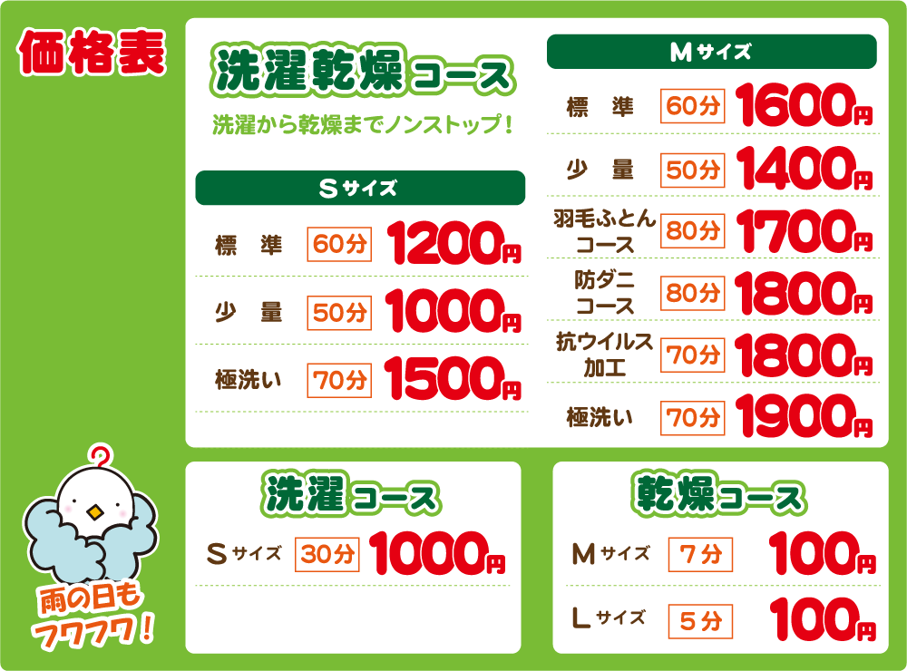 コインランドリー上堀川店の価格表