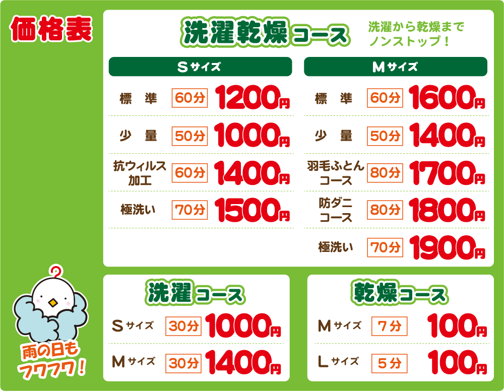 コインランドリー樫原店の価格表