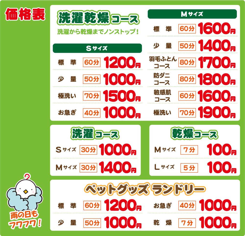 コインランドリー北山店の価格表