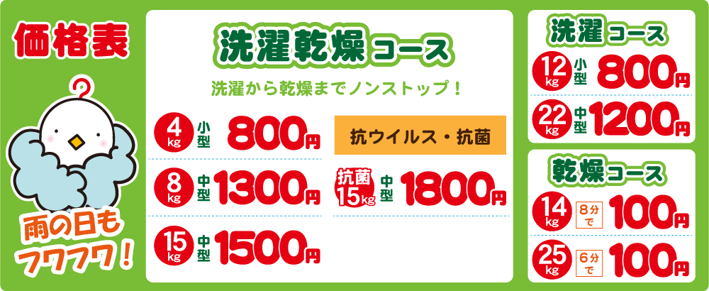 コインランドリー洛西店の価格表