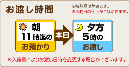 朝11時までのお預りで、当日夕方5時のお渡し、木曜を除く