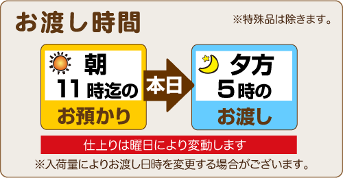 朝11時までのお預りで、当日夕方5時のお渡し（曜日により変動します）