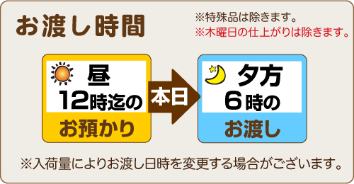 昼12時までのお預りで、当日夕方6時のお渡し（木曜を除く）