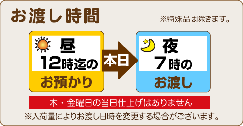 昼12時までのお預りで、夜7時のお渡し（木曜・金曜は除く）