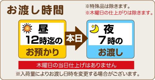 昼12時までのお預りで、当日夜7時のお渡し