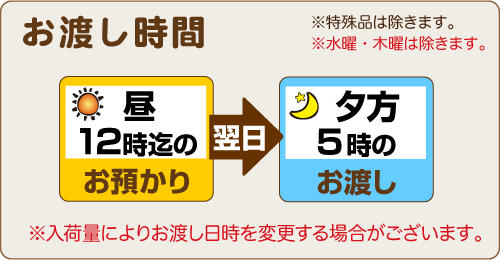 昼12時までのお預りで翌日夕方5時のお渡し（水曜・木曜を除く）