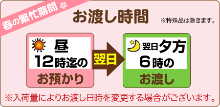  昼12時までのお預りで、翌日夕方6時のお渡し（入荷量により変更します）
