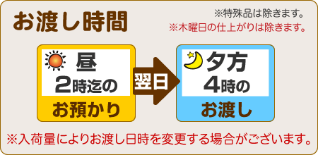 昼2時までのお預りで、翌日夕方4時のお渡し（木曜日を除く）
