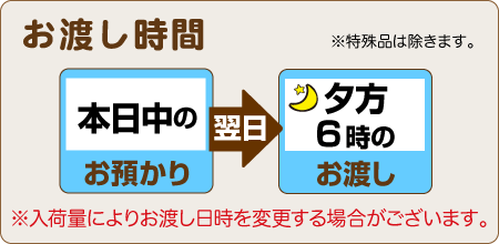 本日中のお預りで、翌日夕方6時のお渡し（入荷量により変動あり）
