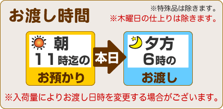 朝11時までのお預りで、当日夕方6時のお渡し、木曜除く