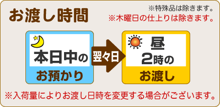 本日中のお預りで翌々日昼2時のお渡し、木曜を除く