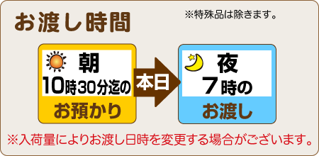 朝11時までのお預りで、当日夜7時のお渡し（入荷量により変更します）