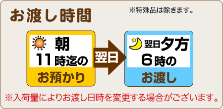 朝11時までのお預りで、翌日夕方6時のお渡し（入荷量により変更します）