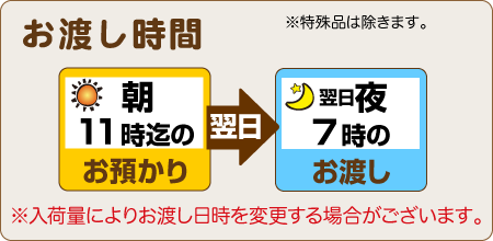 朝11時までのお預りで、翌日夜7時のお渡し（入荷量により変更します）
