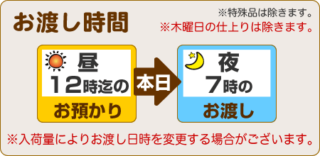 昼12時までのお預りで、当日夜7時のお渡し、木曜を除く